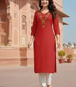 Red embroidered rayon kurta set