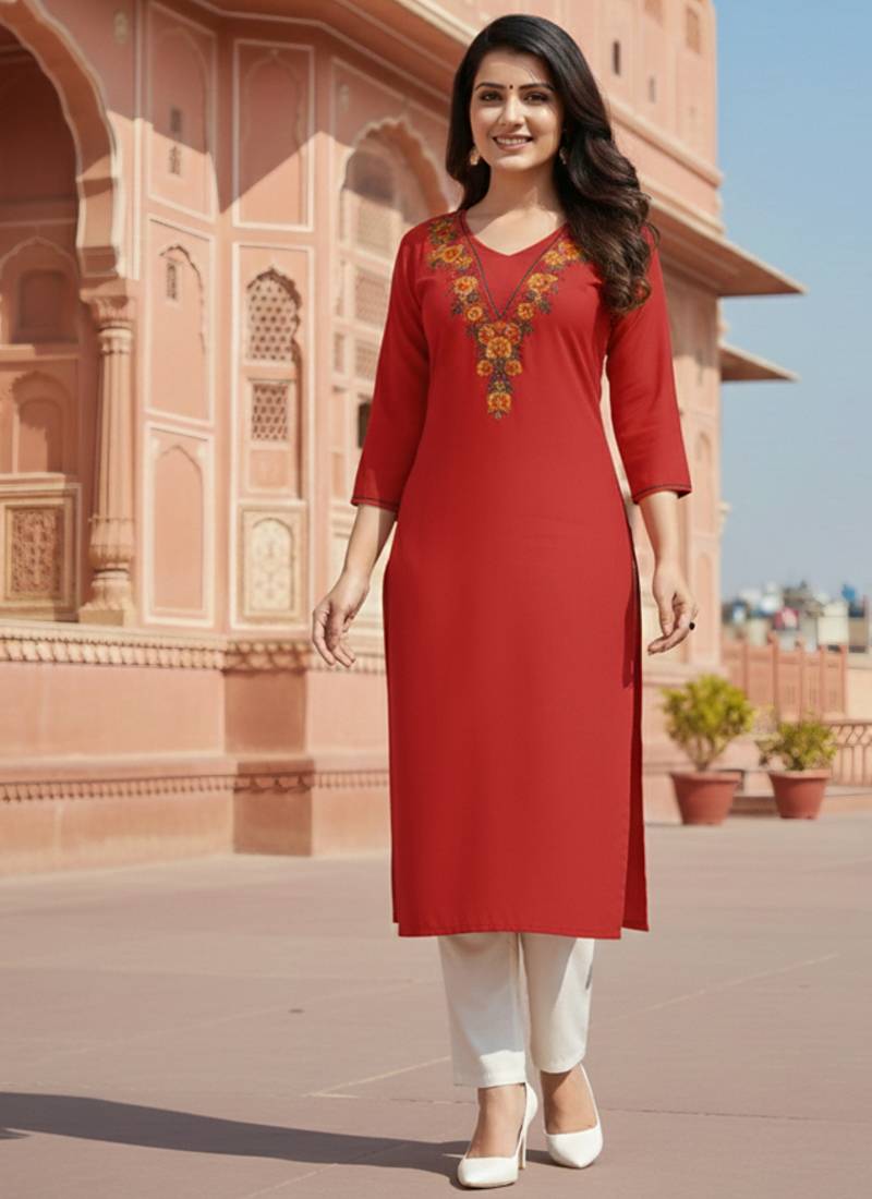 Red embroidered rayon kurta set