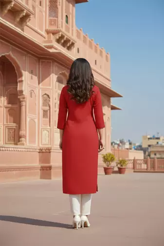 Red embroidered rayon kurta set
