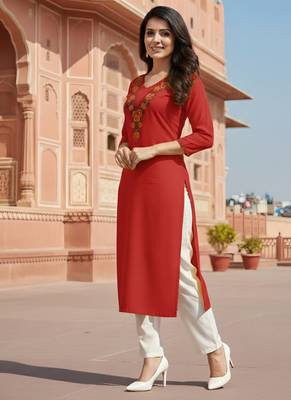 Red embroidered rayon kurta set 3