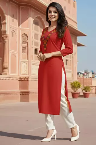Red embroidered rayon kurta set
