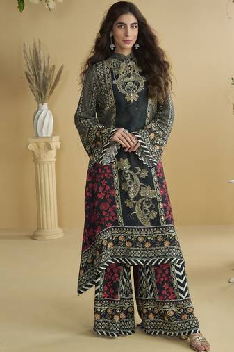 Black crepe silk printred aari work plazzo suit