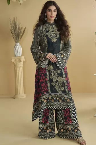 Black crepe silk printred aari work plazzo suit