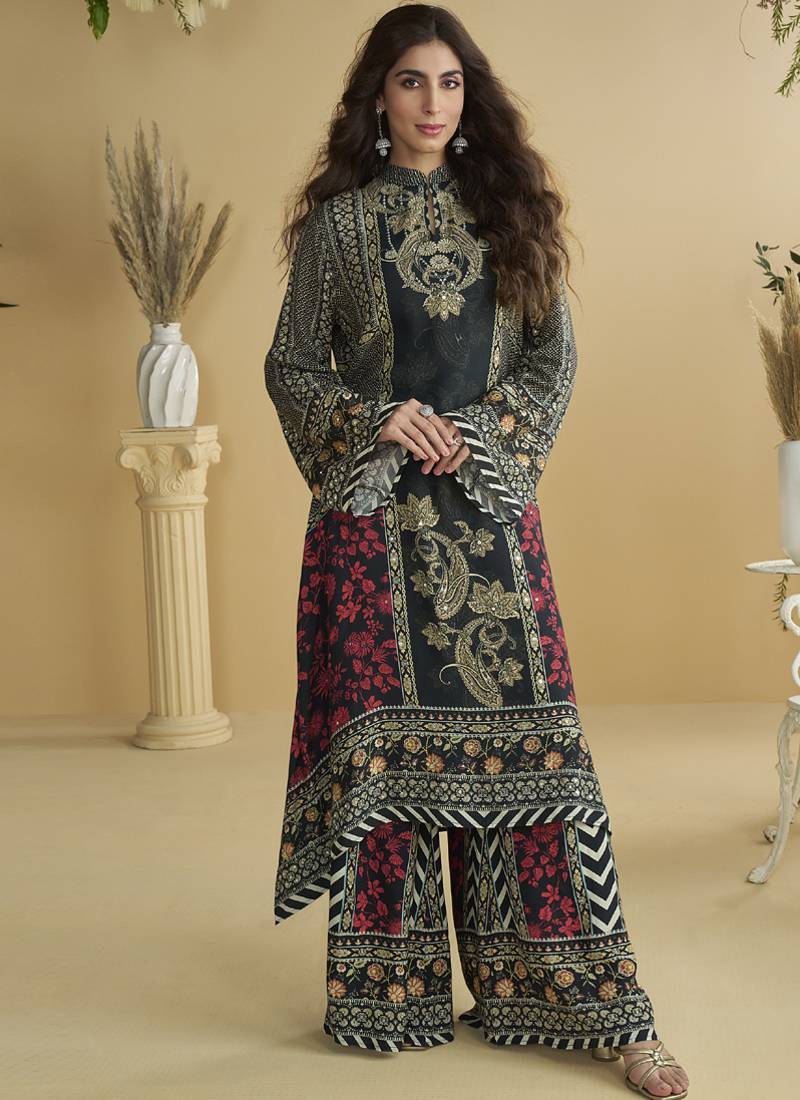 Black crepe silk printred aari work plazzo suit