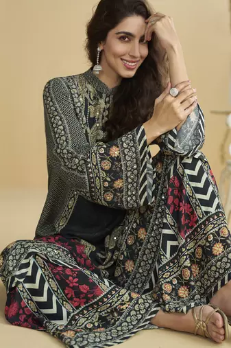 Black crepe silk printred aari work plazzo suit