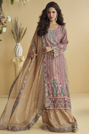 onion pink crepe silk printred aari work plazzo suit