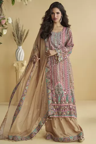 onion pink crepe silk printred aari work plazzo suit