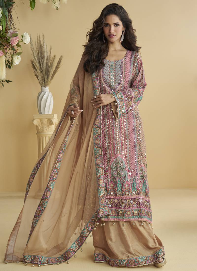 onion pink crepe silk printred aari work plazzo suit
