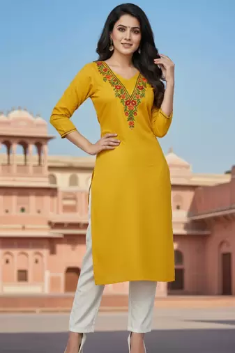 Yellow embroidered rayon kurta set