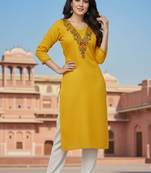 Yellow embroidered rayon kurta set