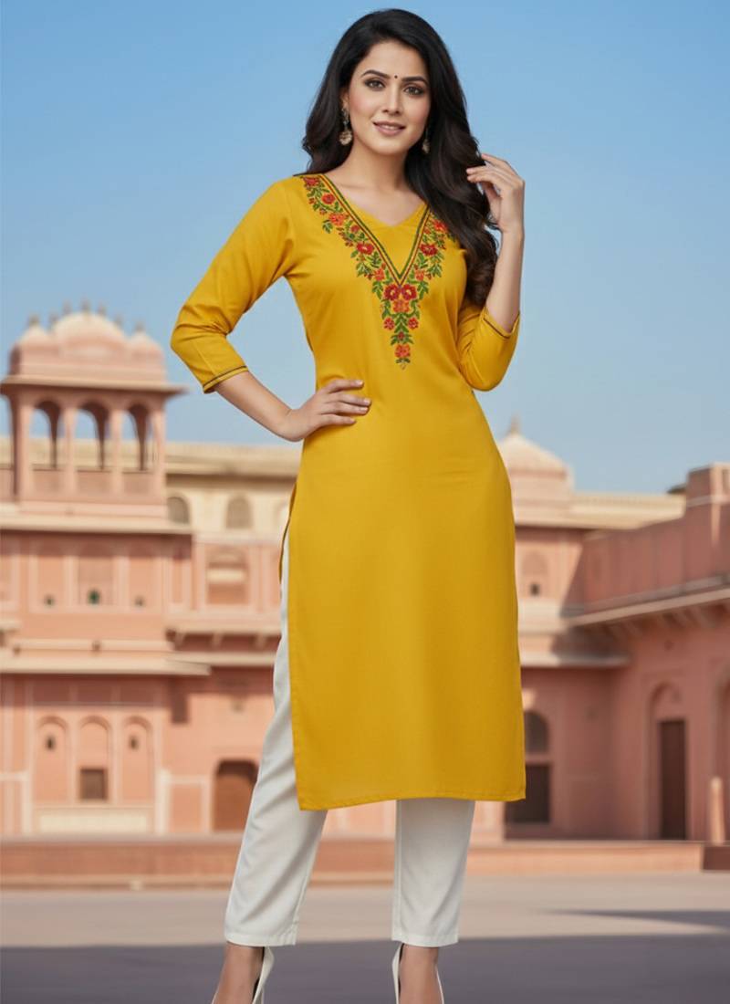 Yellow embroidered rayon kurta set