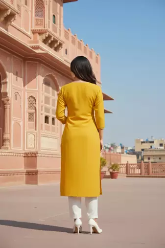 Yellow embroidered rayon kurta set