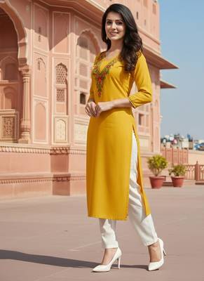 Yellow embroidered rayon kurta set 3