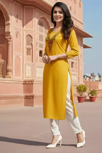 Yellow embroidered rayon kurta set