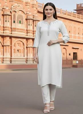 White embroidered rayon kurta set 1