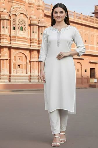White embroidered rayon kurta set