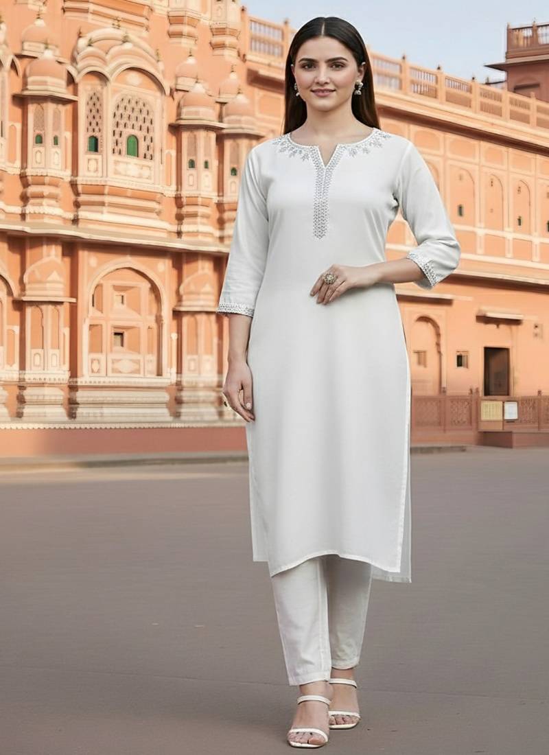 White embroidered rayon kurta set