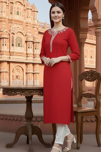 Red embroidered rayon kurta set