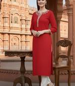 Red embroidered rayon kurta set
