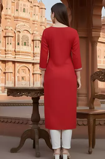 Red embroidered rayon kurta set