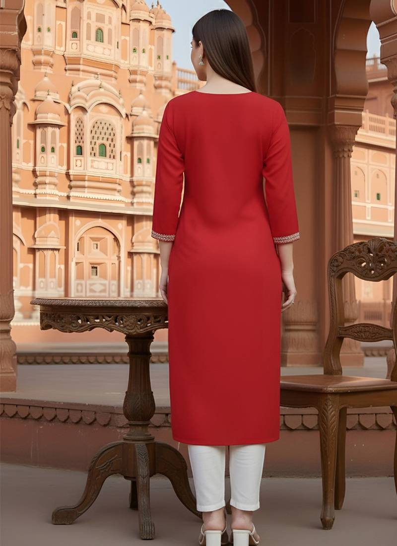 Red embroidered rayon kurta set