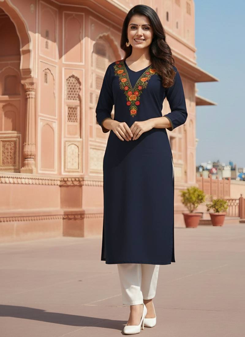 Black embroidered rayon kurta set