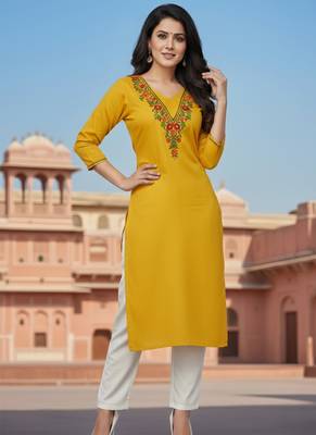 Yellow embroidered rayon kurta set 4