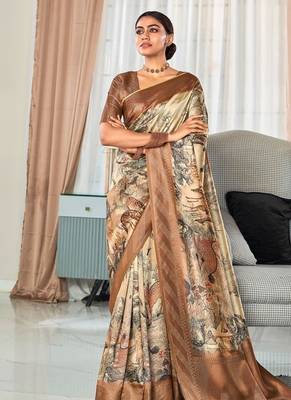 beige digital print silk blend saree with zari work 1