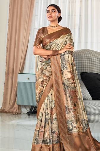 beige digital print silk blend saree with zari work