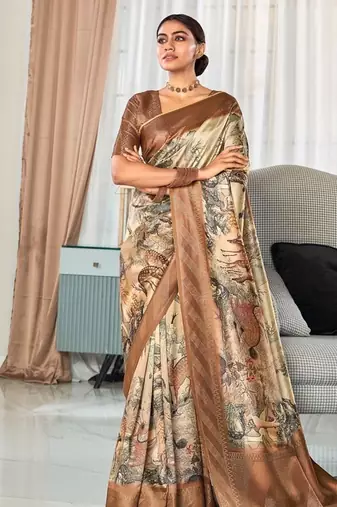 beige handloom silk blend with digital print with zari big border