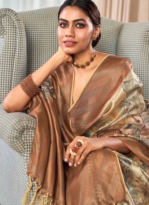 beige digital print silk blend saree with zari work 2