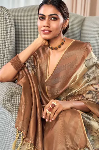 beige digital print silk blend saree with zari work
