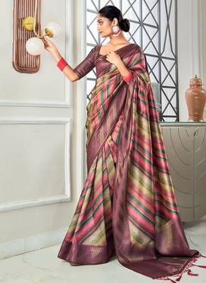 mutlicolour silk blend saree with digital print zari border 1