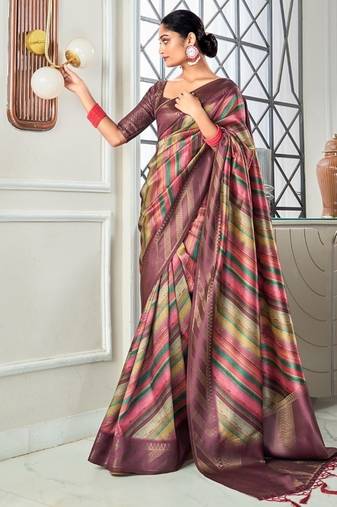 mutlicolour silk blend saree with digital print zari border