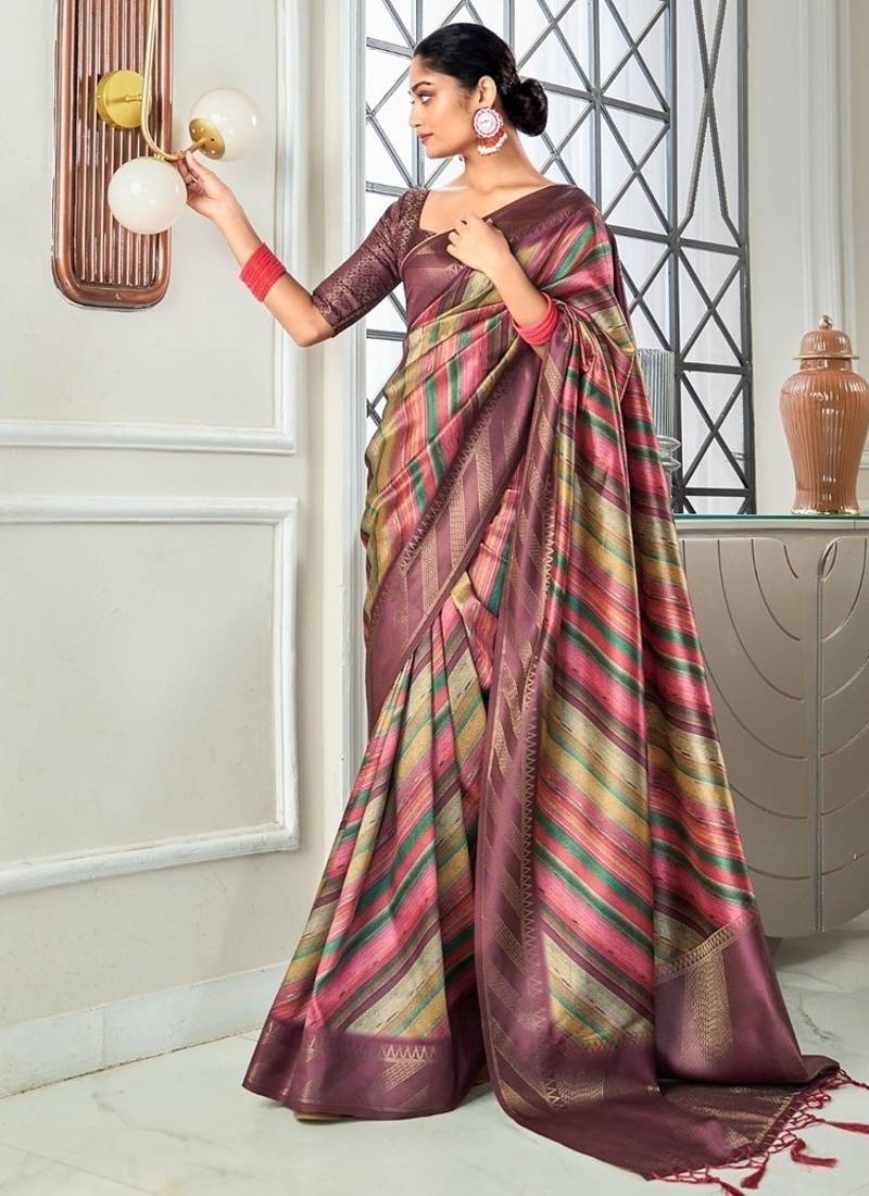 multicolour handloom silk blend with digital print with zari big border