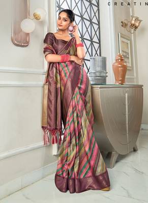 mutlicolour silk blend saree with digital print zari border 2