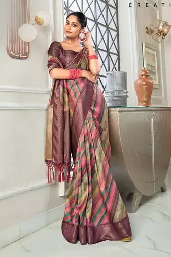 mutlicolour silk blend saree with digital print zari border