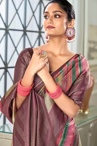 mutlicolour silk blend saree with digital print zari border
