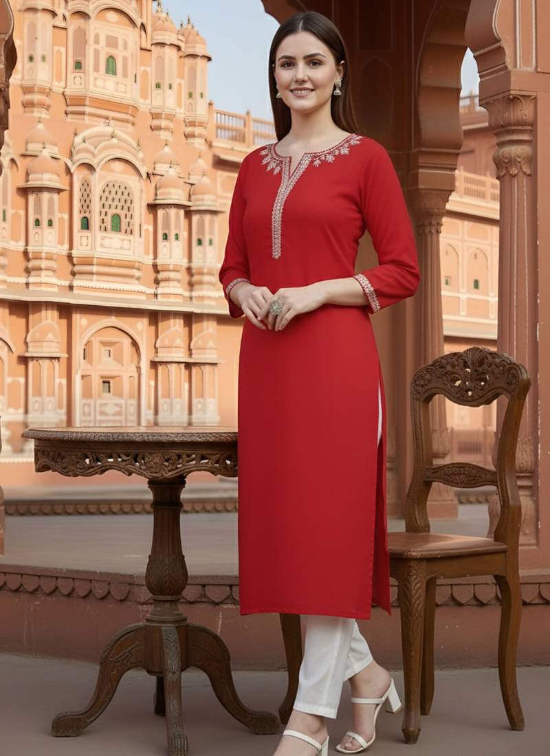 Red embroidered rayon kurta set