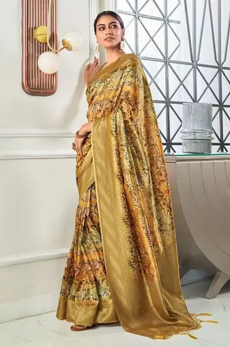golden handloom silk blend with digital print with zari big border