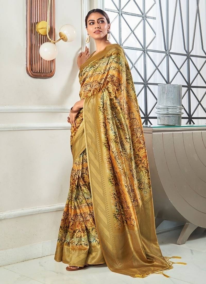 golden handloom silk blend with digital print with zari big border