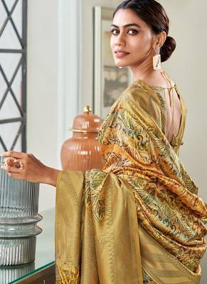 golden silk blend saree with digital print zari border 2
