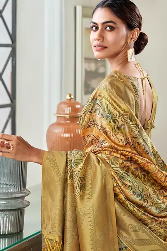 golden silk blend saree with digital print zari border