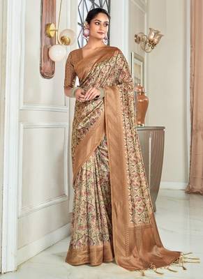 beige silk blend saree with digital print zari border 1