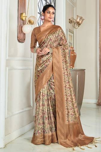 beige handloom silk blend with digital print with zari big border