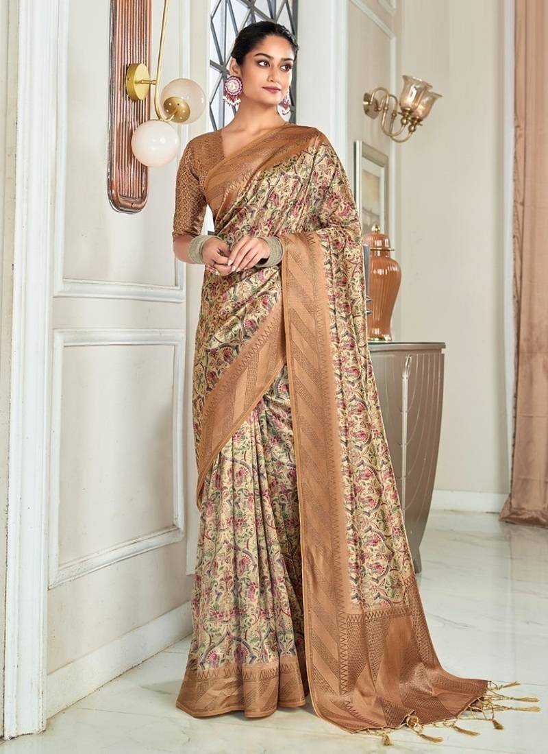 beige handloom silk blend with digital print with zari big border