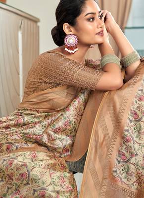 beige silk blend saree with digital print zari border 2
