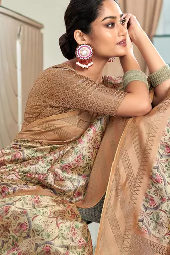 beige silk blend saree with digital print zari border