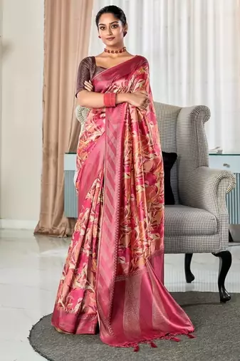 raspberry handloom silk blend with digital print with zari big border