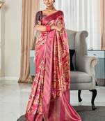 raspberry handloom silk blend with digital print with zari big border